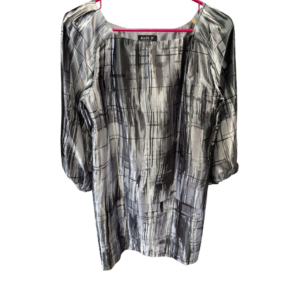 Allen B. Shift Dress Women Size 2 Grey NWT Satin Abstract Brushstroke 3/4 Sleeve